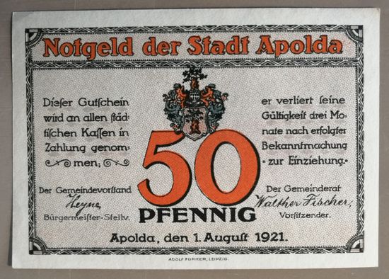 Германия, нотгельды, 50 пфеннигов 1921год, Апольда (Apolda), 36.3a, вар. "С"