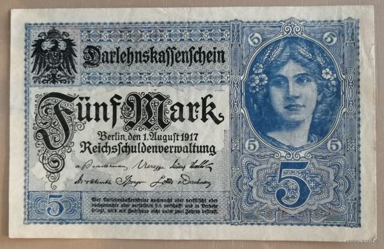 Германия, 5 марок 1917 г., Ro.54b, DEU-61d, X.#8. Рис. серо-голубой. Серии D, C, D, E, F, G, H, I, J, K, L, M, N, O, P, Q.