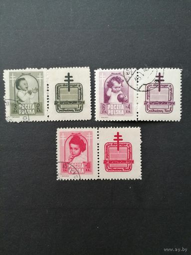 Польша 1948 Неполная серия марок с купонами "Борьба с туберкулезом" (гашение без клея, следы от наклеек) Mi.511 Zf, 513 Zf-514 Zf каталог 20.50 евро