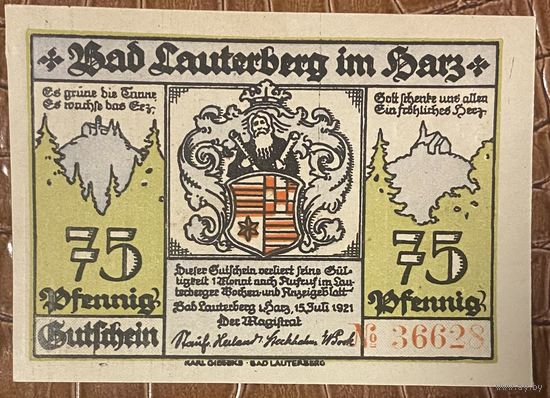 Нотгельд 75 пфеннигов 1921 год. Бад-Лаутерберг,. Веймарская республика