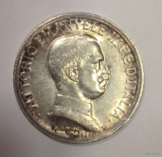 С рубля без мц! 1 лира 1917 Италия золотистая патина серебро начала 20в.