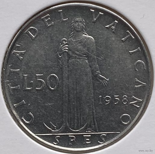 Ватикан 50 лир 1958 г. Надпись на аверсе "P.M.AN.". В холдере