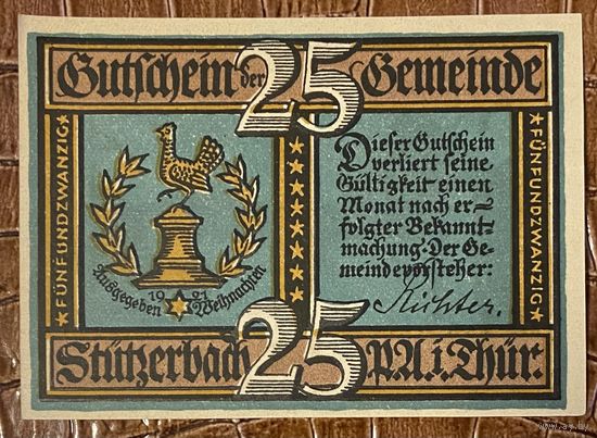 Нотгельд 25 пфеннигов 1921 год. Штютцербах,. Веймарская республика