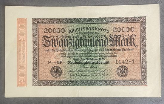 Банкнота 20000 марок 1923 год. Веймарская республика. С рубля без МЦ.