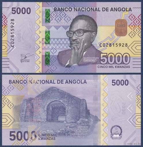 Ангола, 5000 кванза 2025 г, P-W164 (C, президент Антонио Нето, руины старого собора Кулумбимби), UNC