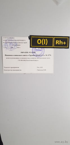 Образец-эталон нашивка оливкового цвета группа крови I +