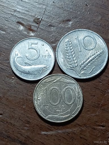 Италия 5 лир 1972 , 10 лир 1969 и 100 лир 1998 года .