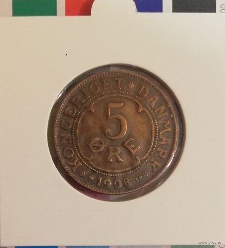 Дания 5 эре 1908 Король Фредерик VIII (красивая патина)