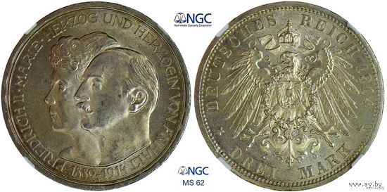 3 марки 1914 г. Ангальт. Германия. NGC MS 62. 25 лет свадьбе Фридриха II и Марии Баденской. Серебро. КМ# 30