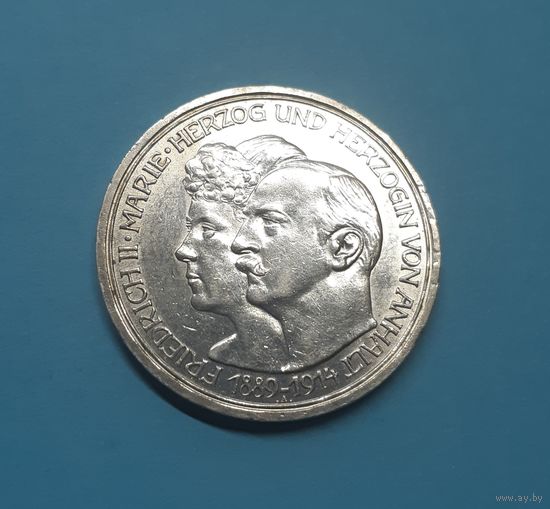 Германия. 3 марки. 1914 год. Анхальт. Фридрих II и Мария. Отличная! Серебро. Распродажа коллекции!