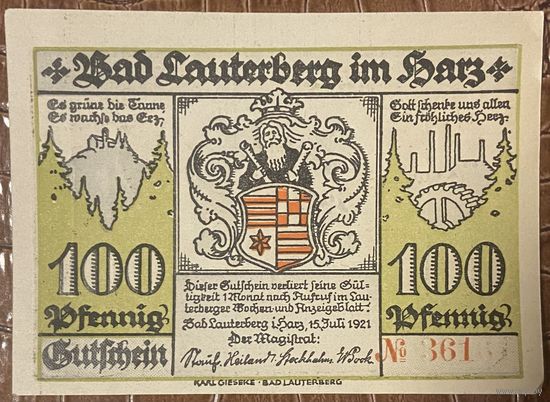 Нотгельд 100 пфеннигов 1921 год. Бад-Лаутерберг,. Веймарская республика