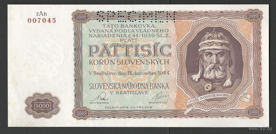 Словакия 5000 крон 1944 года. Перфорация. Тип Р-14. Состояние UNC