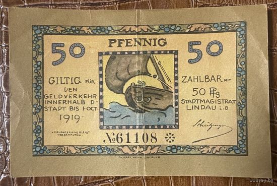 Нотгельд 50 пфеннигов 1919 год. Линдау-им-Бодензее. Веймарская республика