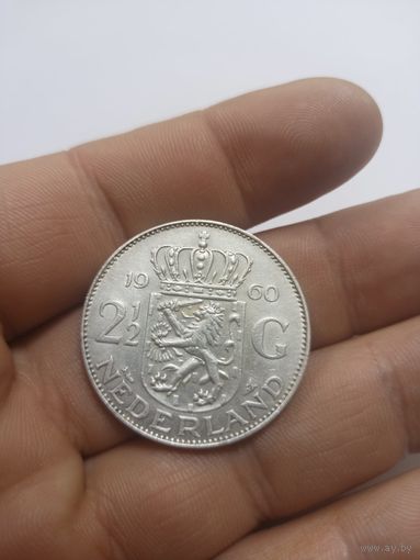 2 1\2 гульдена 1960 Нидерланды, 15 грамм серебра