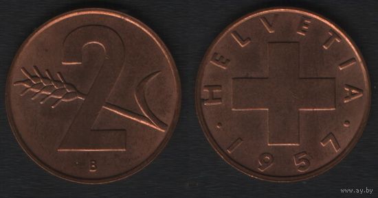 Швейцария km47 2 раппен 1957 год (B) (1