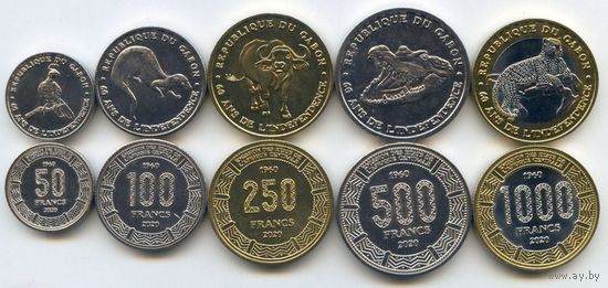 Габон. набор 5 монет 50, 100, 250, 500, 1000 франков 2020 год "60 лет Независимости"