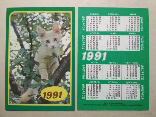 Карманный календарик. Котик. 1991 год