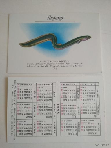 Карманный календарик. Рыбы, Литва. 1988 год