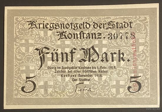 Банкнота 5 марок 1918 год. Констанц. Веймарская республика