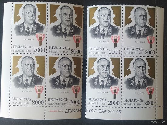 Беларусь 1996 2 кв.блока угловые и с номером заказа, 100л рожд. Жукова. Разновидность окраски бронзы.