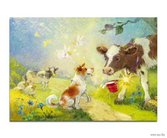 Открытка. Фауна. Животные. Лето. Собачка. Корова. Деревня. Художник Ек. Бабок (чистая)