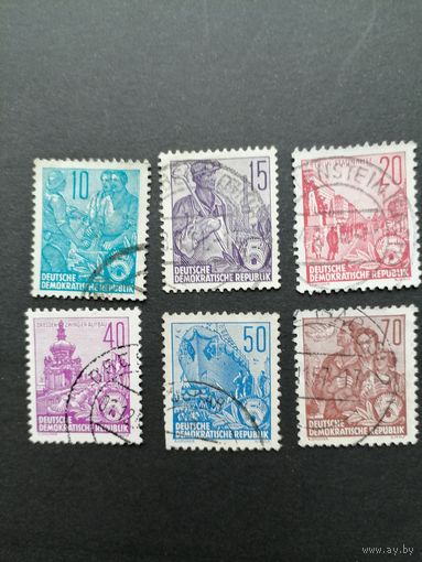 ГДР 1955 Полная серия марок стандарта "Пятилетка" (гашение без клея, есть следы наклеек, первая марка имеет пятно и узкое место) Mi.453-458 каталог 4.50 евро