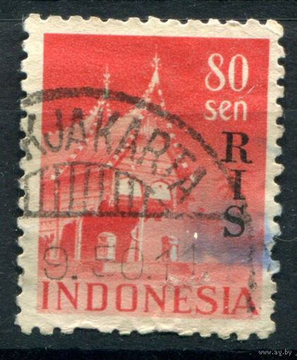 Индонезия - 1950г. - стандартный выпуск, цифры, архитектура, надпечатка RIS, перфорация 12 1/2, 80 S - 1 марка - гашёная [Mi 55]. #4-W2-129-A-1