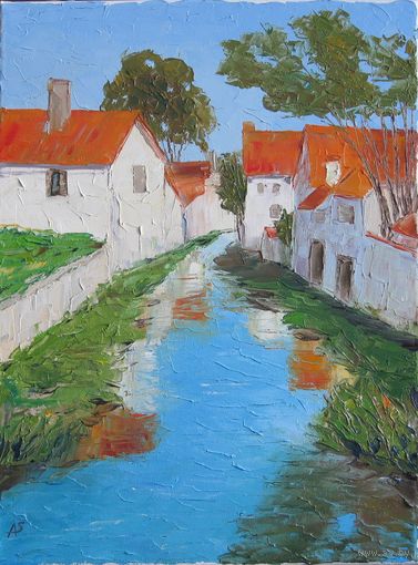 Картина маслом "Городской канал". Мастихин, холст 30х40 см