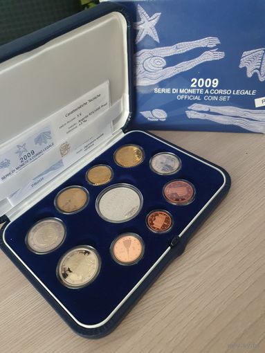 Италия 2009 год PROOF 1, 2, 5, 10, 20, 50 евроцентов, 1, 2 евро регулярные, 2 евро юбилейные и 5 евро серебро в футляре