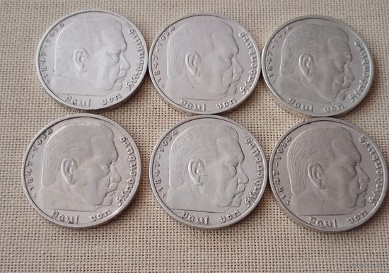 5 марок 1936 год все монетные дворы в одном лоте A,D, J, F, G, E...