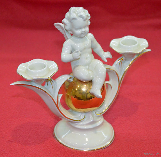 Старинный немецкий подсвечник Путти (Putte Engel) на золотом шаре