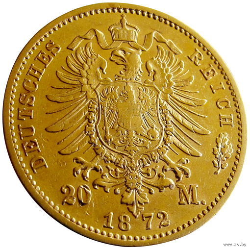 Вюртемберг, 20 марок 1872 г. (F) - м.д. Штутгарт, сост. AU, золото 900/ 7,965 г, Карл I, KM# 622, тираж 662 000 шт. Доставка только при личной встрече, связь по телефону или мессенджеру.