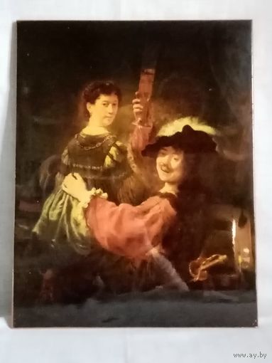 Рембрандт Автопортрет с Саскией на коленях 34х43 см репродукция на фанере под лаком СССР