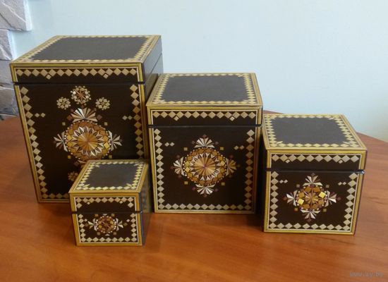Набор шкатулок-"матрёшек", 4 шт., дерево, инкрустация соломкой