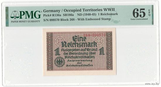 Германия 1 марка 1940 года. Тип Р-R136а. Состояние UNC. В слабе PMG 65