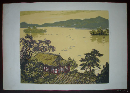 Китай 1954 Пейзаж озера в Ханджоу. Картина Чжан Ян-Си Dschang Jang-hsi China 1950-е