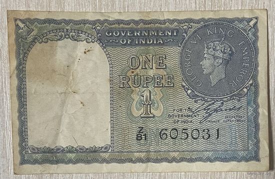 Банкнота Индия 1 рупия 1940 год. Король Георга VI.