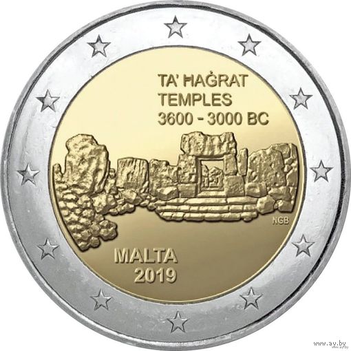 2 евро 2019 Мальта Храм Та Хаджрат UNC из ролла