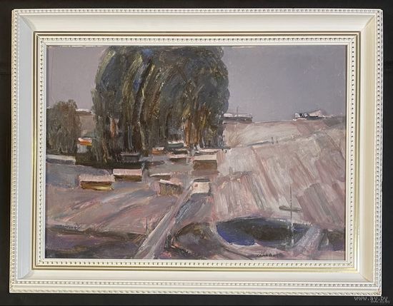 Данциг М.В;85/65,5см."Посёлок", 1967г. Картон, масло. Размер 50х70 см., с родной рамой 85х65,5 см.