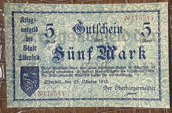 Банкнота 5 марок 1918 год. Эльберфельд. Веймарская республика.