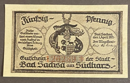 Нотгельд 50 пфеннигов 1921 год. Бад-Закса-ам-Зюдхарц,. Веймарская республика