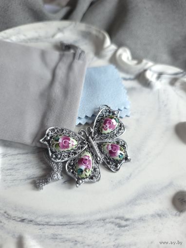 Брошь Бабочка, финифть, винтажная, СССР, мельхиор