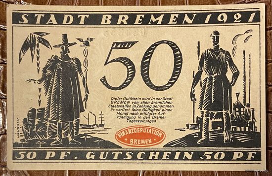 Нотгельд 50 пфеннигов 1921 год. Бремен,. Веймарская республика