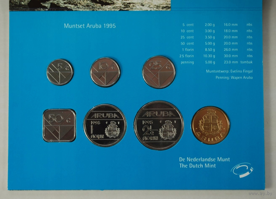 Аруба годовой набор 5+10+25+50 центов 1+2,5 гульдена + жетон 1995 год, UNC.