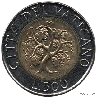 Святой Престол. Государство Город Ватикан. 500 лир 1989. Папа Ян Павел II. Виноградная лоза. Юбилейный выпуск. Миссии мирян в мире