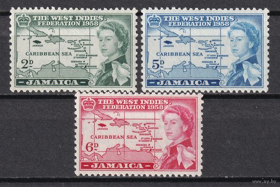 38.BrKS. Великобритания. Колонии. Ямайка. Создание Британской Вест- Индийской федерации.  1958 г. Полная серия. MNH. Mi.##177-179.