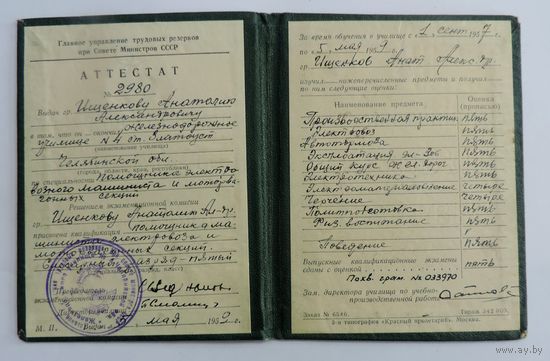 Аттестат за окончание ЖД училища номер 4 ст. Златоуст. 1959г.