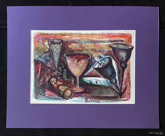 Акулов В.И "Натюрморт с пьяными бокалами", 1995г.Бумага,смешанная техника. Размер с паспарту 60х75 см.
