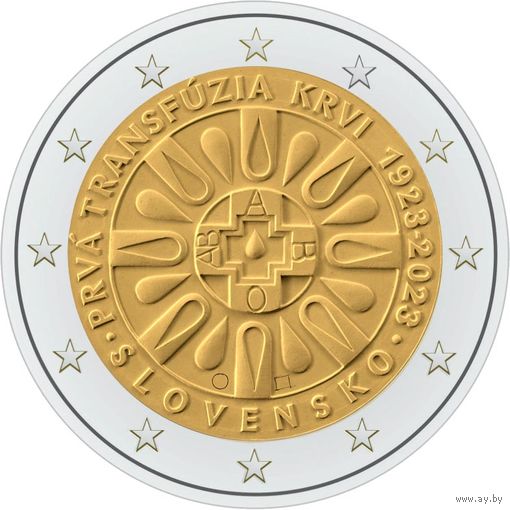Словакия 2 евро 2023 100 лет Первое переливание крови UNC из ролла
