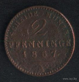 Германия Пруссия 2 пфеннига 1867 г. А (*). Состояние на фото!!!